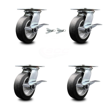 6 Inch Rubber On Aluminum Caster Set With Roller Bearing 4 Brake 2 Swivel Lock